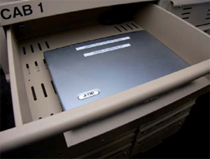 Laptop Lock-Up® Model LL-16-07 drawer view: Locking Laptop Storage, Secure Laptop Charging, ESD safe cabinet